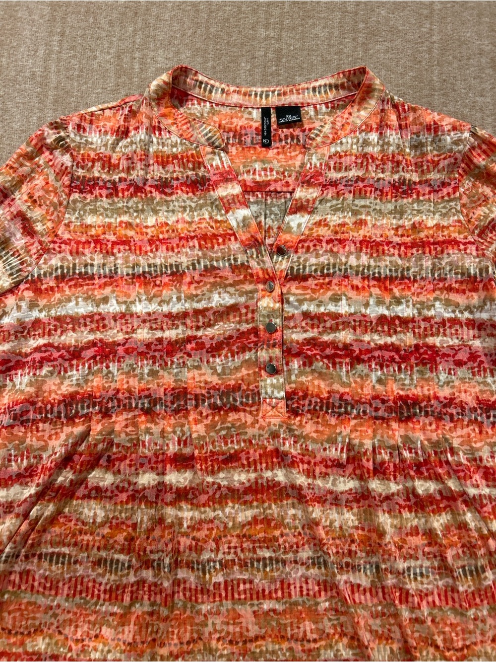 New directions Red Orange Striped V-Neck Button Boho Pullover